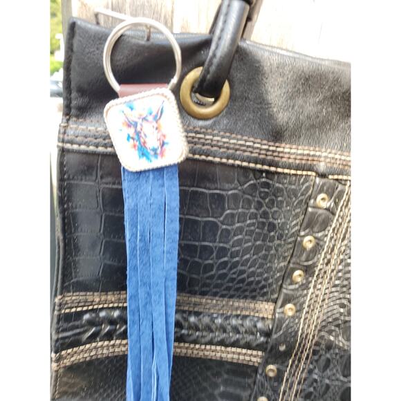 Handmade mule lover boho Leather Fringe Western bag charm, Long fringe keychain - Picture 4 of 4